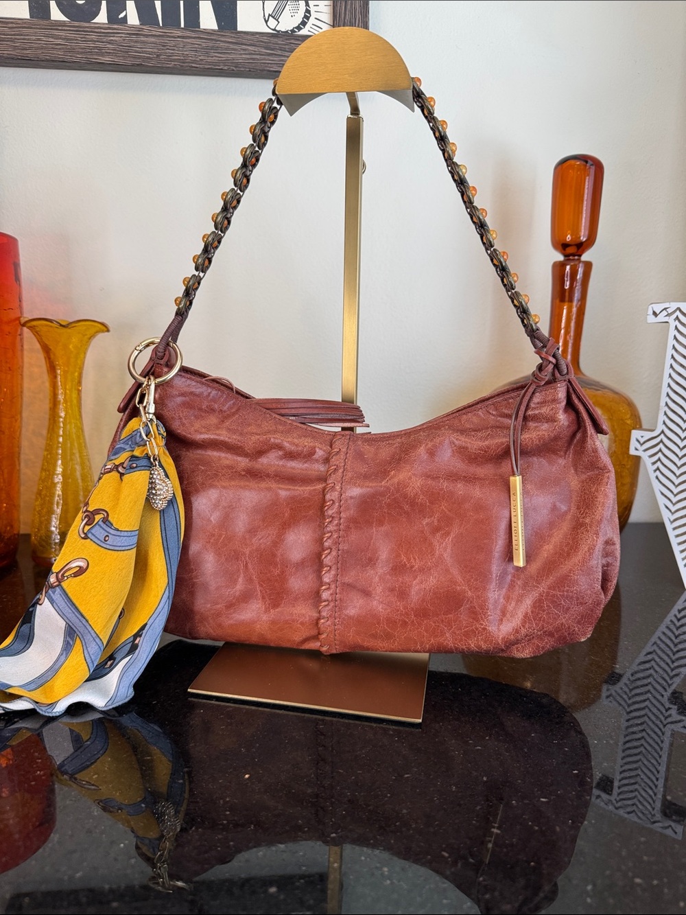 Elliott Lucca Braided-Handle Shoulder Bag in Chestnut Brown